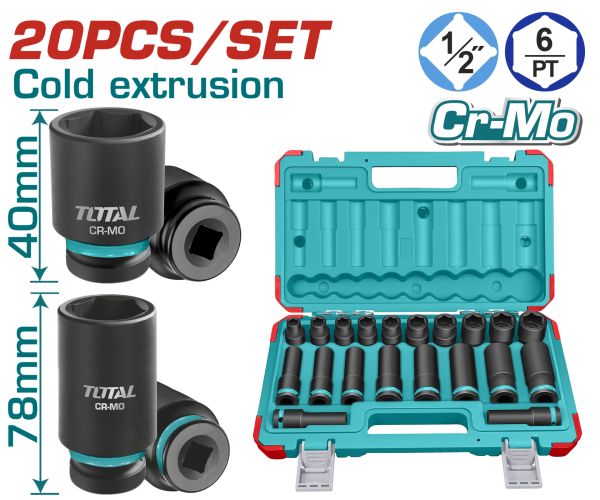 20 PARÇA 1/2” ALTI KÖŞE DARBELİ KISA-UZUN LOKMA SETİ